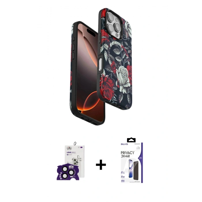 MARSİLYAN™- iPhone 16 Pro Max Kılıf Siluet Doku - Siyah Bilvis 3X AR Hayalet Cam Ekran Koruyucu + Bilvis Titan Kamera Lens - SH