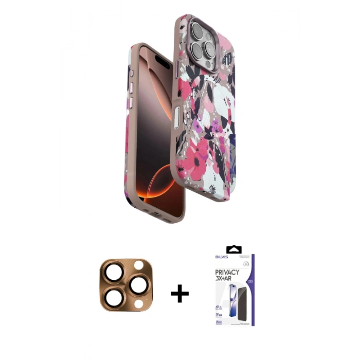 MARSİLYAN™- iPhone 16 Pro Max Kılıf Siluet Doku - Siyah Bilvis 3X AR Hayalet Cam Ekran Koruyucu + Pers Alüminyum Kamera Lens - CLTM