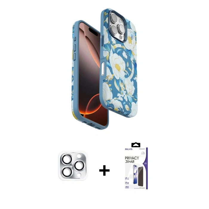 MARSİLYAN™- iPhone 16 Pro Max Kılıf Siluet Doku - Siyah Bilvis 3X AR Hayalet Cam Ekran Koruyucu + Pers Alüminyum Kamera Lens - GS