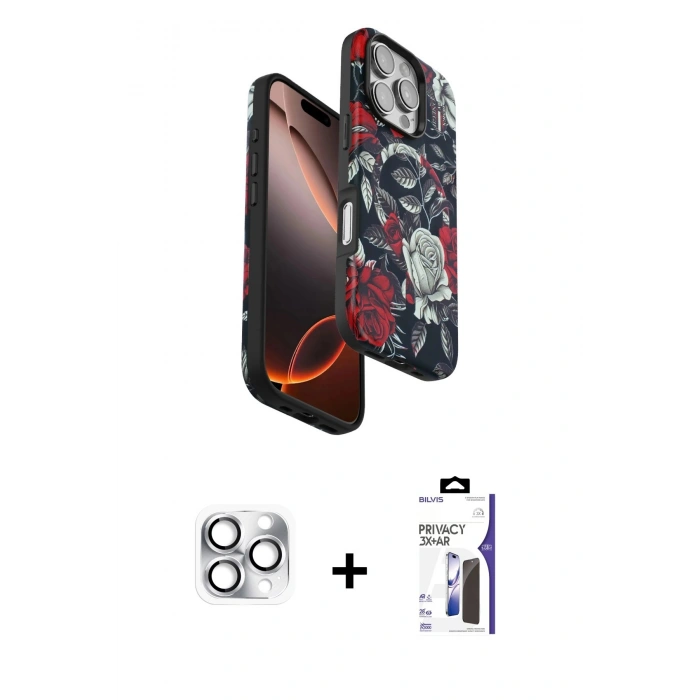 MARSİLYAN™- iPhone 16 Pro Max Kılıf Siluet Doku - Siyah Bilvis 3X AR Hayalet Cam Ekran Koruyucu + Pers Alüminyum Kamera Lens - GS