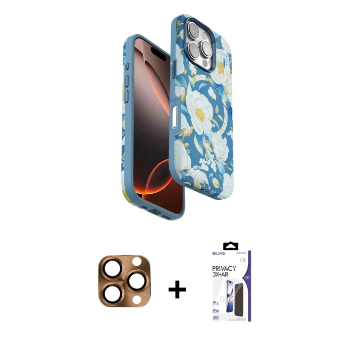 MARSİLYAN™- iPhone 16 Pro Max Kılıf Siluet Doku - Siyah Bilvis 3X AR Hayalet Cam Ekran Koruyucu + Pers Alüminyum Kamera Lens - CLTM