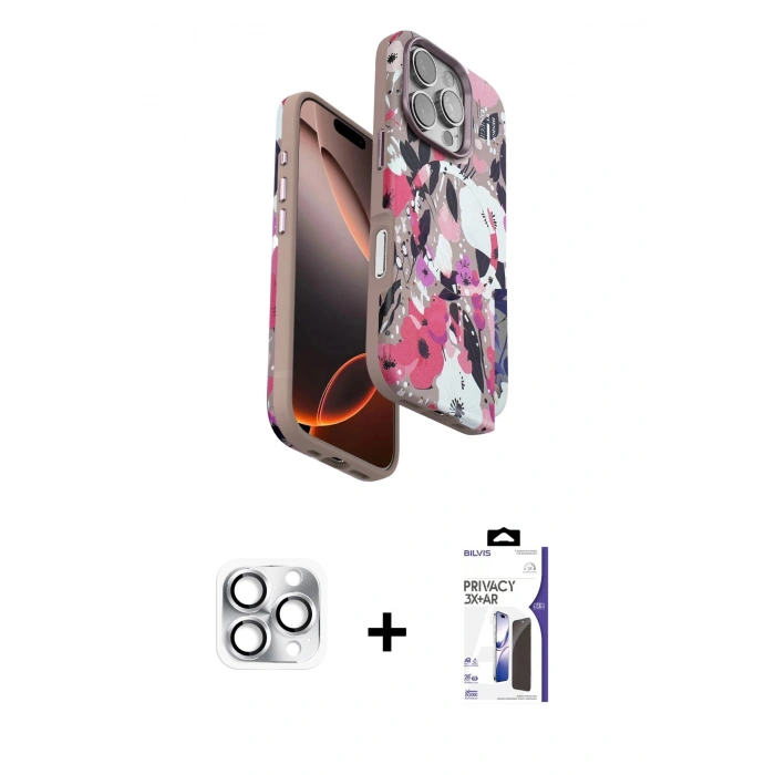 MARSİLYAN™- iPhone 16 Pro Max Kılıf Siluet Doku - Siyah Bilvis 3X AR Hayalet Cam Ekran Koruyucu + Pers Alüminyum Kamera Lens - GS