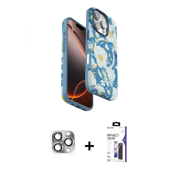 MARSİLYAN™- iPhone 16 Pro Max Kılıf Siluet Doku - Siyah Bilvis 3X AR Hayalet Cam Ekran Koruyucu + Pers Alüminyum Kamera Lens - GI