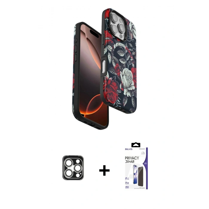 MARSİLYAN™- iPhone 16 Pro Max Kılıf Siluet Doku - Siyah Bilvis 3X AR Hayalet Cam Ekran Koruyucu + PVD Metal Kamera Lens - GS