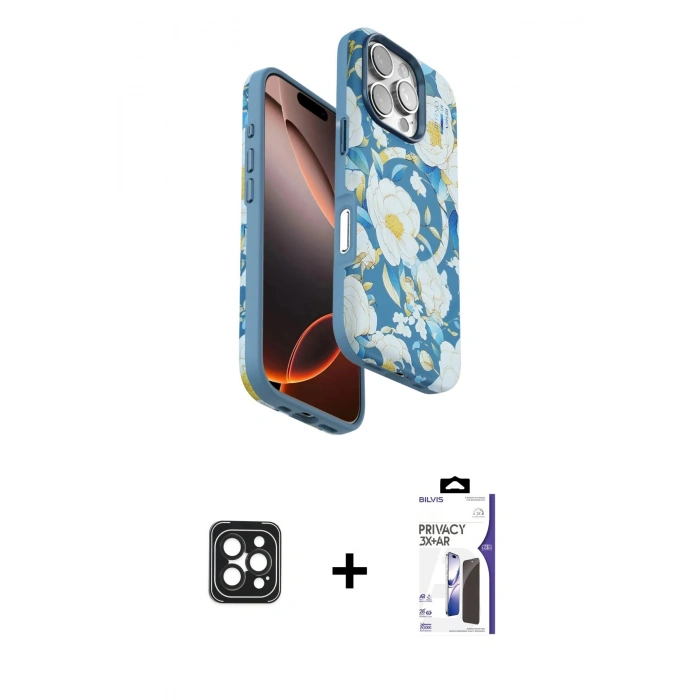 MARSİLYAN™- iPhone 16 Pro Max Kılıf Siluet Doku - Siyah Bilvis 3X AR Hayalet Cam Ekran Koruyucu + PVD Metal Kamera Lens - SH