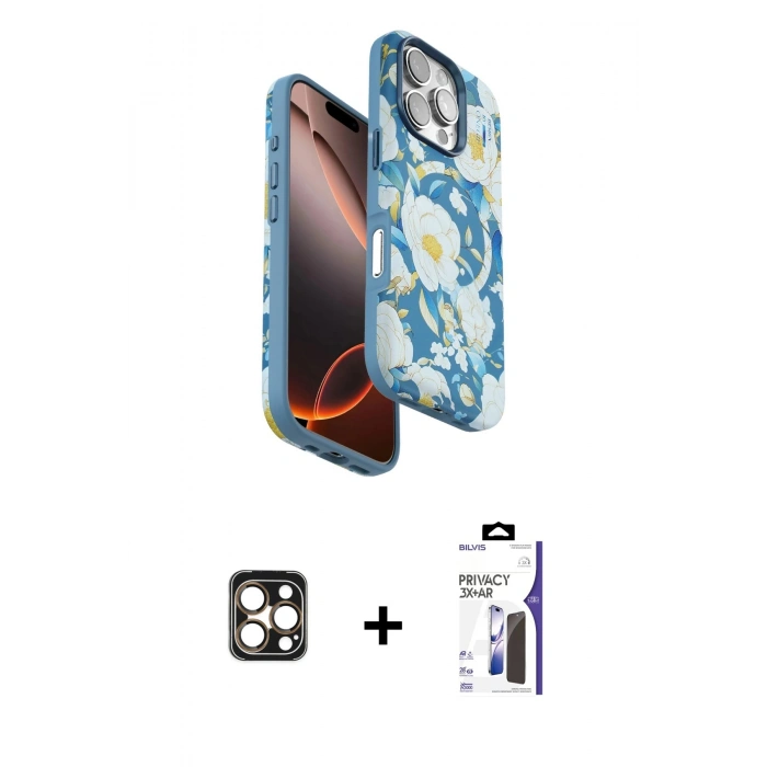 MARSİLYAN™- iPhone 16 Pro Max Kılıf Siluet Doku - Siyah Bilvis 3X AR Hayalet Cam Ekran Koruyucu + PVD Metal Kamera Lens - GD