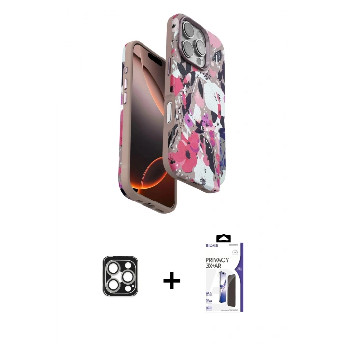 MARSİLYAN™- iPhone 16 Pro Max Kılıf Siluet Doku - Siyah Bilvis 3X AR Hayalet Cam Ekran Koruyucu + PVD Metal Kamera Lens - GS