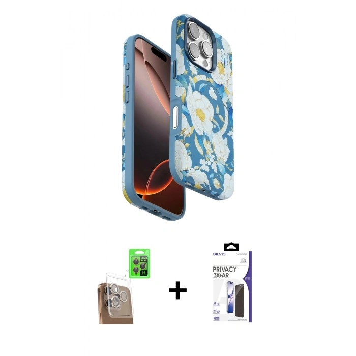 MARSİLYAN™- iPhone 16 Pro Max Kılıf Siluet Doku - Siyah Bilvis 3X AR Hayalet Cam Ekran Koruyucu + Raze Metal Kamera Lens - CLTM