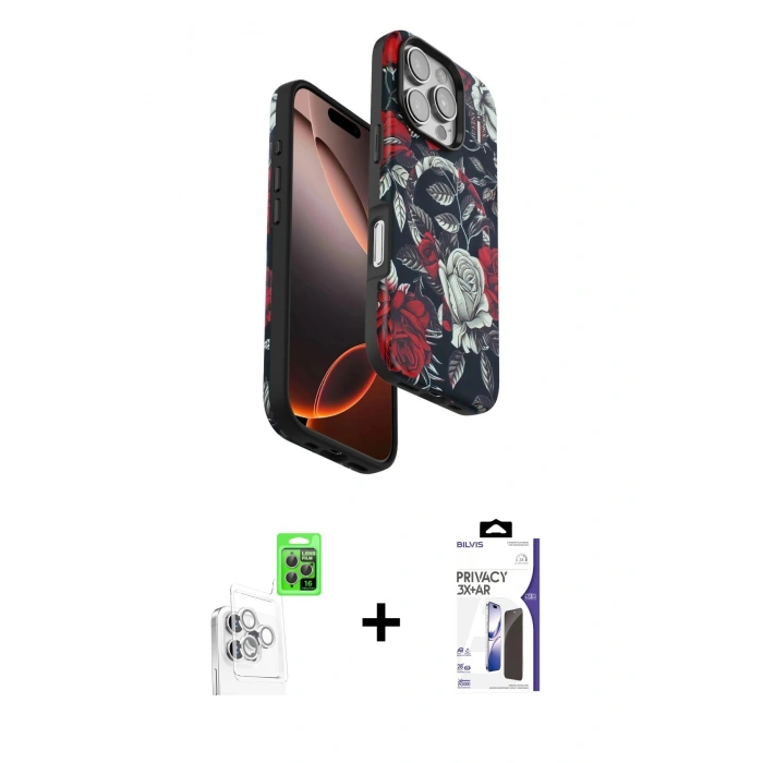MARSİLYAN™- iPhone 16 Pro Max Kılıf Siluet Doku - Siyah Bilvis 3X AR Hayalet Cam Ekran Koruyucu + Raze Metal Kamera Lens - BZ