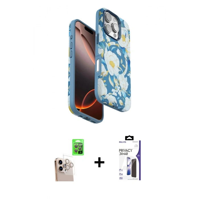 MARSİLYAN™- iPhone 16 Pro Max Kılıf Siluet Doku - Siyah Bilvis 3X AR Hayalet Cam Ekran Koruyucu + Raze Metal Kamera Lens - NLGY