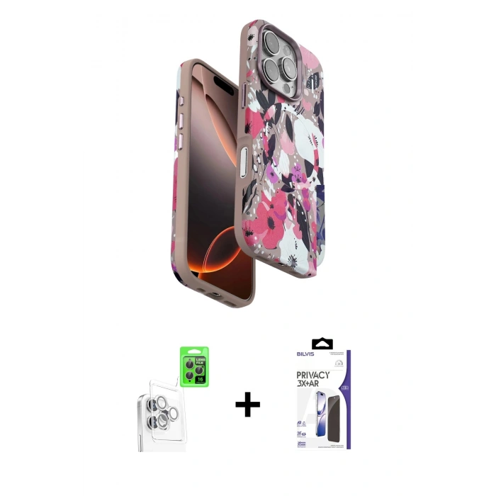 MARSİLYAN™- iPhone 16 Pro Max Kılıf Siluet Doku - Siyah Bilvis 3X AR Hayalet Cam Ekran Koruyucu + Raze Metal Kamera Lens - BZ