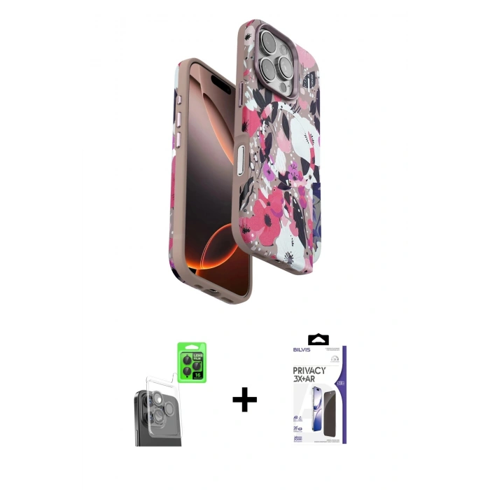 MARSİLYAN™- iPhone 16 Pro Max Kılıf Siluet Doku - Siyah Bilvis 3X AR Hayalet Cam Ekran Koruyucu + Raze Metal Kamera Lens - SH