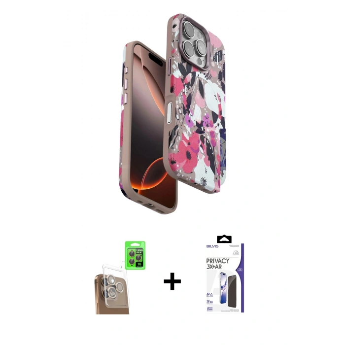 MARSİLYAN™- iPhone 16 Pro Max Kılıf Siluet Doku - Siyah Bilvis 3X AR Hayalet Cam Ekran Koruyucu + Raze Metal Kamera Lens - CLTM