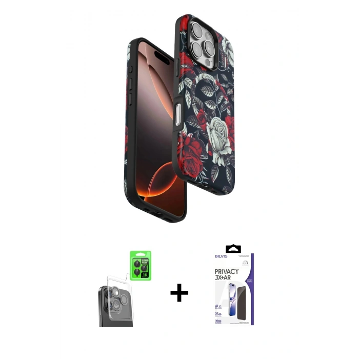 MARSİLYAN™- iPhone 16 Pro Max Kılıf Siluet Doku - Siyah Bilvis 3X AR Hayalet Cam Ekran Koruyucu + Raze Metal Kamera Lens - SH