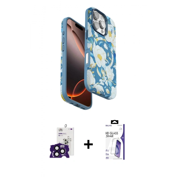 MARSİLYAN™- iPhone 16 Pro Max Kılıf Siluet Doku - Siyah Bilvis 3X AR HD Cam Ekran Koruyucu + Bilvis Titan Kamera Lens - SH