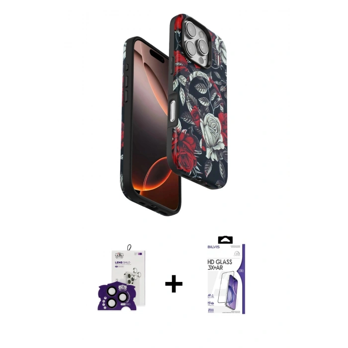 MARSİLYAN™- iPhone 16 Pro Max Kılıf Siluet Doku - Siyah Bilvis 3X AR HD Cam Ekran Koruyucu + Bilvis Titan Kamera Lens - SH
