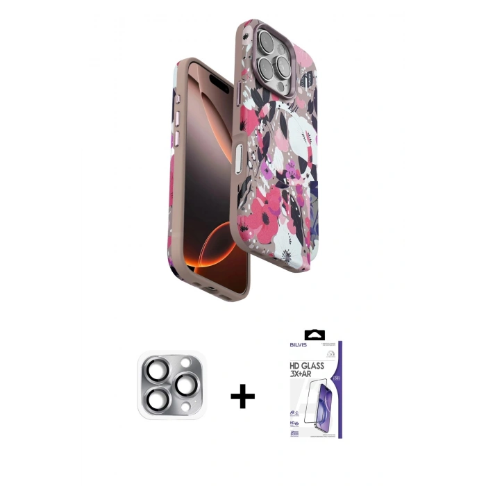 MARSİLYAN™- iPhone 16 Pro Max Kılıf Siluet Doku - Siyah Bilvis 3X AR HD Cam Ekran Koruyucu + Pers Alüminyum Kamera Lens - GI