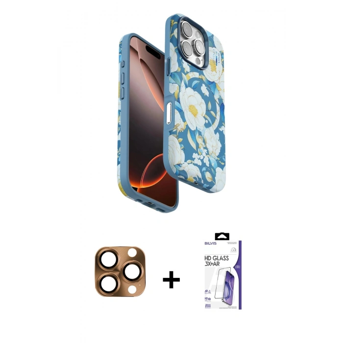 MARSİLYAN™- iPhone 16 Pro Max Kılıf Siluet Doku - Siyah Bilvis 3X AR HD Cam Ekran Koruyucu + Pers Alüminyum Kamera Lens - CLTM