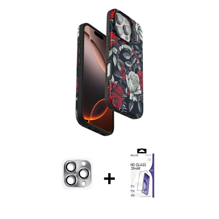 MARSİLYAN™- iPhone 16 Pro Max Kılıf Siluet Doku - Siyah Bilvis 3X AR HD Cam Ekran Koruyucu + Pers Alüminyum Kamera Lens - GI
