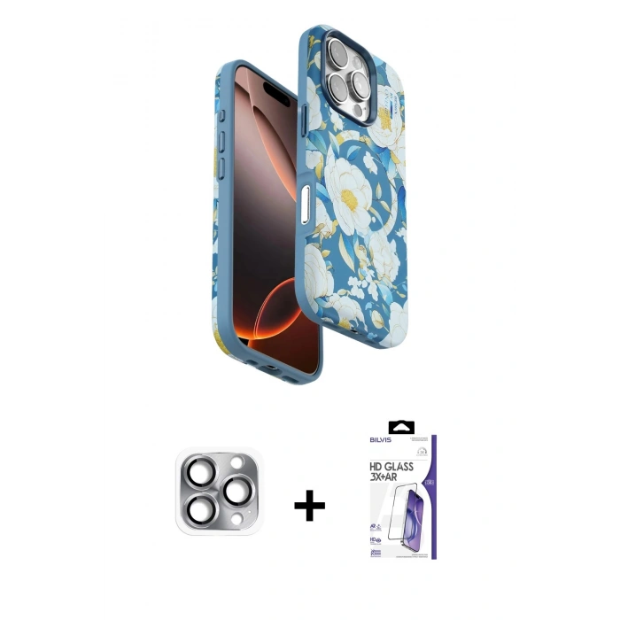 MARSİLYAN™- iPhone 16 Pro Max Kılıf Siluet Doku - Siyah Bilvis 3X AR HD Cam Ekran Koruyucu + Pers Alüminyum Kamera Lens - GI