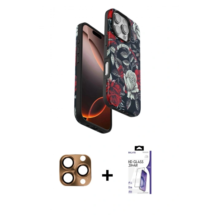 MARSİLYAN™- iPhone 16 Pro Max Kılıf Siluet Doku - Siyah Bilvis 3X AR HD Cam Ekran Koruyucu + Pers Alüminyum Kamera Lens - CLTM