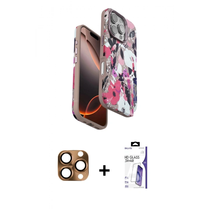 MARSİLYAN™- iPhone 16 Pro Max Kılıf Siluet Doku - Siyah Bilvis 3X AR HD Cam Ekran Koruyucu + Pers Alüminyum Kamera Lens - CLTM