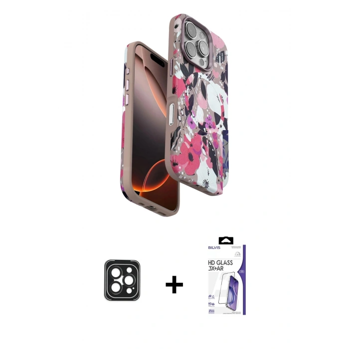 MARSİLYAN™- iPhone 16 Pro Max Kılıf Siluet Doku - Siyah Bilvis 3X AR HD Cam Ekran Koruyucu + PVD Metal Kamera Lens - SH