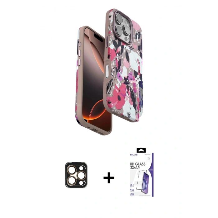 MARSİLYAN™- iPhone 16 Pro Max Kılıf Siluet Doku - Siyah Bilvis 3X AR HD Cam Ekran Koruyucu + PVD Metal Kamera Lens - GD