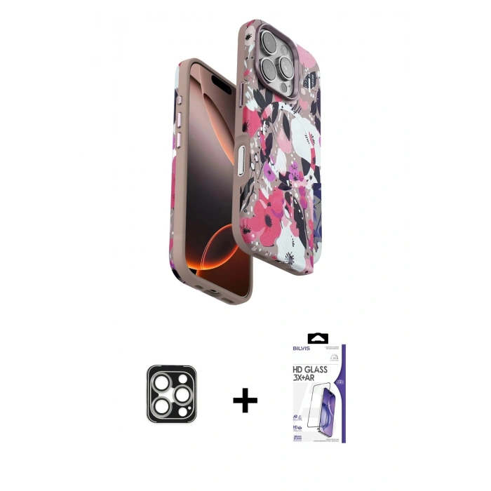 MARSİLYAN™- iPhone 16 Pro Max Kılıf Siluet Doku - Siyah Bilvis 3X AR HD Cam Ekran Koruyucu + PVD Metal Kamera Lens - GS