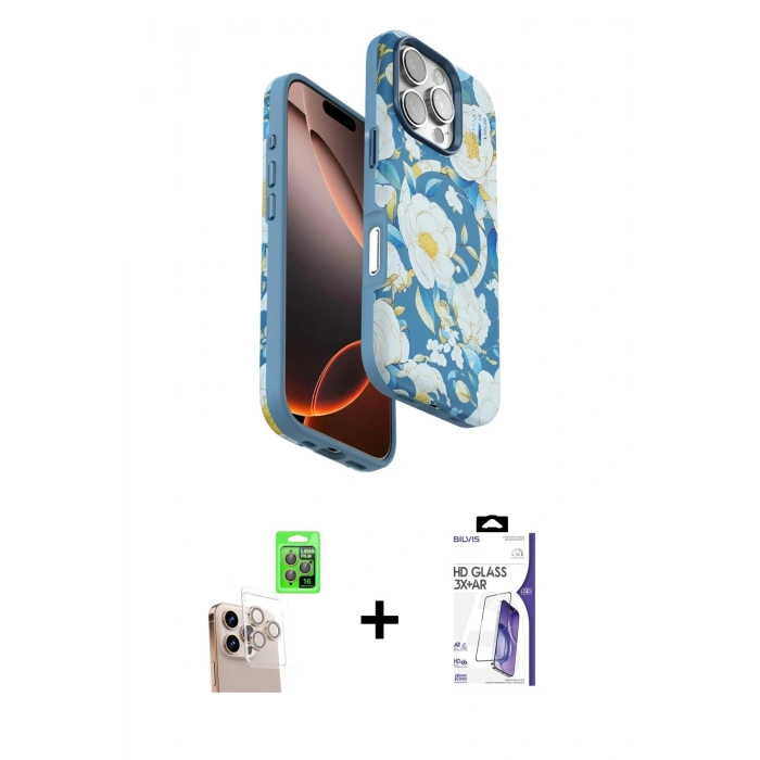 MARSİLYAN™- iPhone 16 Pro Max Kılıf Siluet Doku - Siyah Bilvis 3X AR HD Cam Ekran Koruyucu + Raze Metal Kamera Lens - NLGY