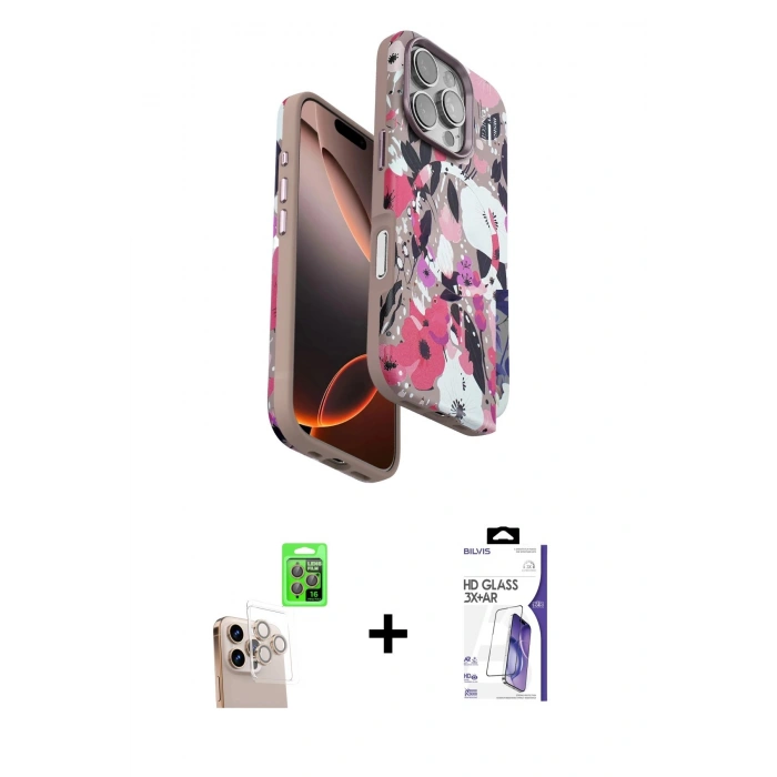 MARSİLYAN™- iPhone 16 Pro Max Kılıf Siluet Doku - Siyah Bilvis 3X AR HD Cam Ekran Koruyucu + Raze Metal Kamera Lens - NLGY