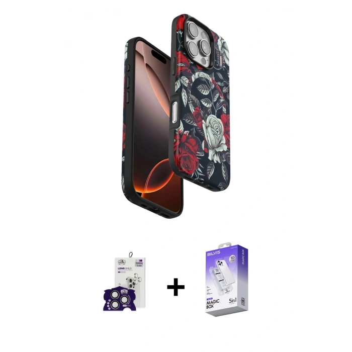 MARSİLYAN™- iPhone 16 Pro Max Kılıf Siluet Doku - Siyah Bilvis 5in1 3D Magic Cam Ekran Koruyucu + Bilvis Titan Kamera Lens - TMGI