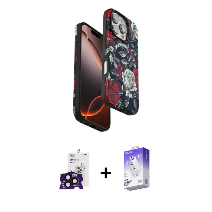 MARSİLYAN™- iPhone 16 Pro Max Kılıf Siluet Doku - Siyah Bilvis 5in1 3D Magic Cam Ekran Koruyucu + Bilvis Titan Kamera Lens - SH