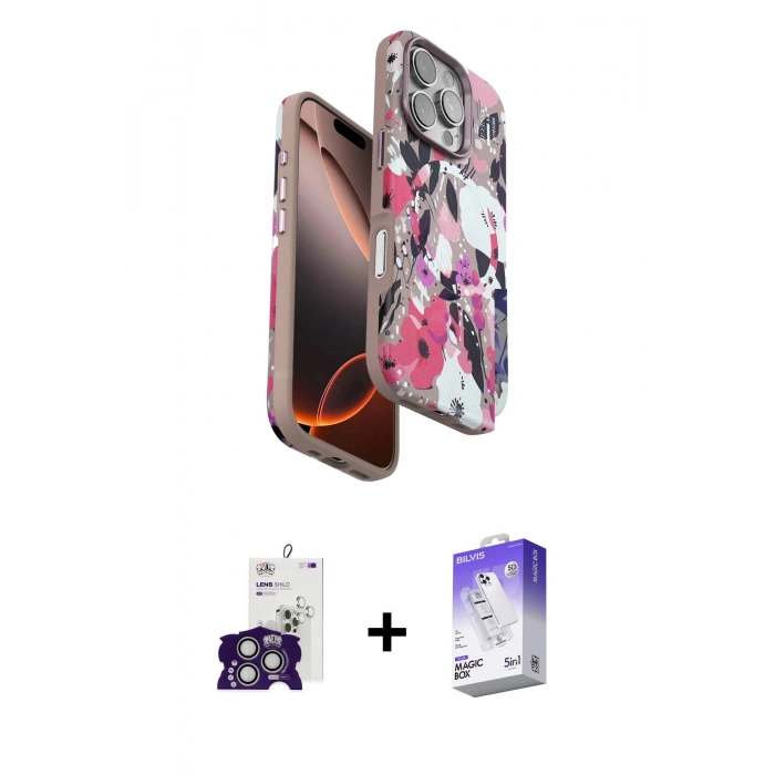 MARSİLYAN™- iPhone 16 Pro Max Kılıf Siluet Doku - Siyah Bilvis 5in1 3D Magic Cam Ekran Koruyucu + Bilvis Titan Kamera Lens - GS