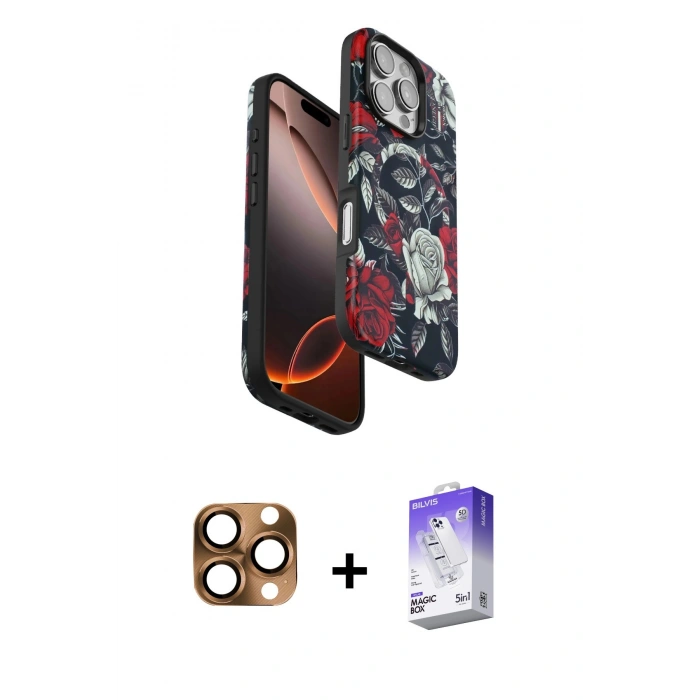 MARSİLYAN™- iPhone 16 Pro Max Kılıf Siluet Doku - Siyah Bilvis 5in1 3D Magic Cam Ekran Koruyucu + Pers Alüminyum Kamera Lens - CLTM