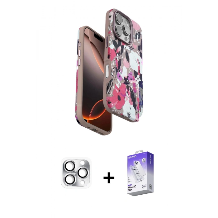 MARSİLYAN™- iPhone 16 Pro Max Kılıf Siluet Doku - Siyah Bilvis 5in1 3D Magic Cam Ekran Koruyucu + Gümüş Pers Alüminyum Kamera Lens