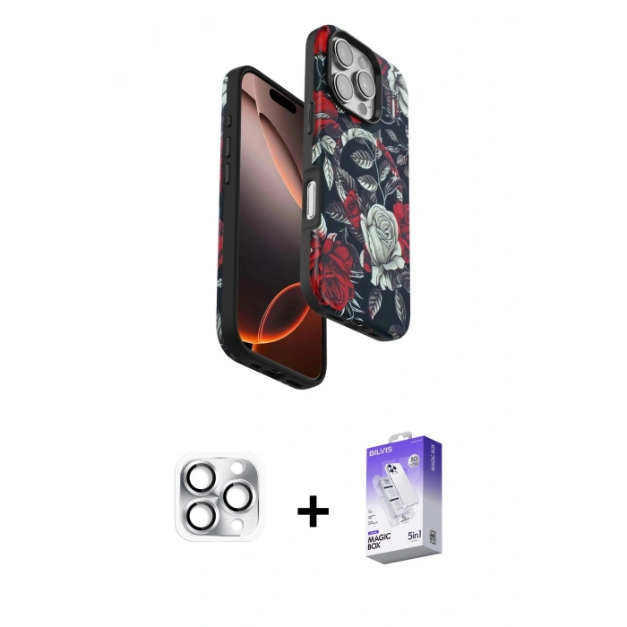 MARSİLYAN™- iPhone 16 Pro Max Kılıf Siluet Doku - Siyah Bilvis 5in1 3D Magic Cam Ekran Koruyucu + Gümüş Pers Alüminyum Kamera Lens