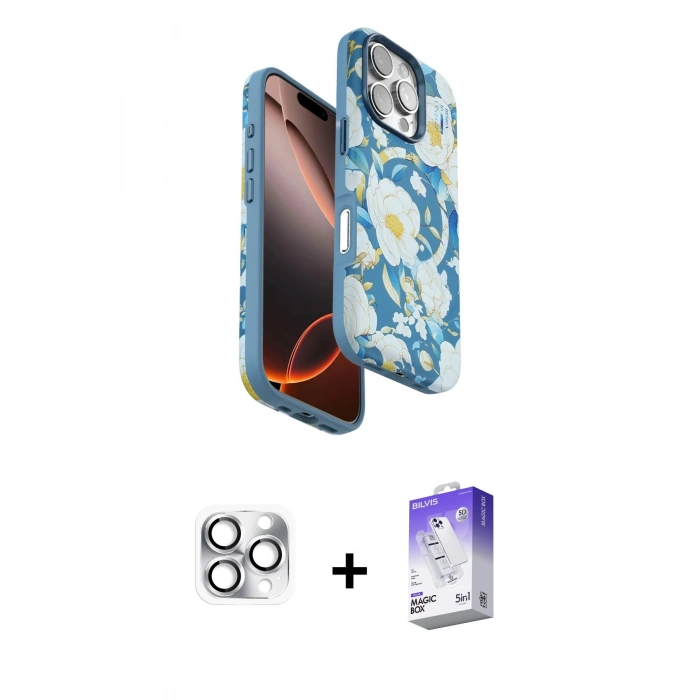 MARSİLYAN™- iPhone 16 Pro Max Kılıf Siluet Doku - Siyah Bilvis 5in1 3D Magic Cam Ekran Koruyucu + Gümüş Pers Alüminyum Kamera Lens