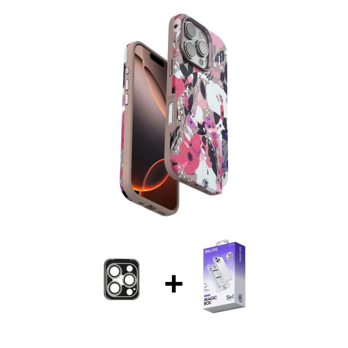 MARSİLYAN™- iPhone 16 Pro Max Kılıf Siluet Doku - Siyah Bilvis 5in1 3D Magic Cam Ekran Koruyucu + PVD Metal Kamera Lens - GS