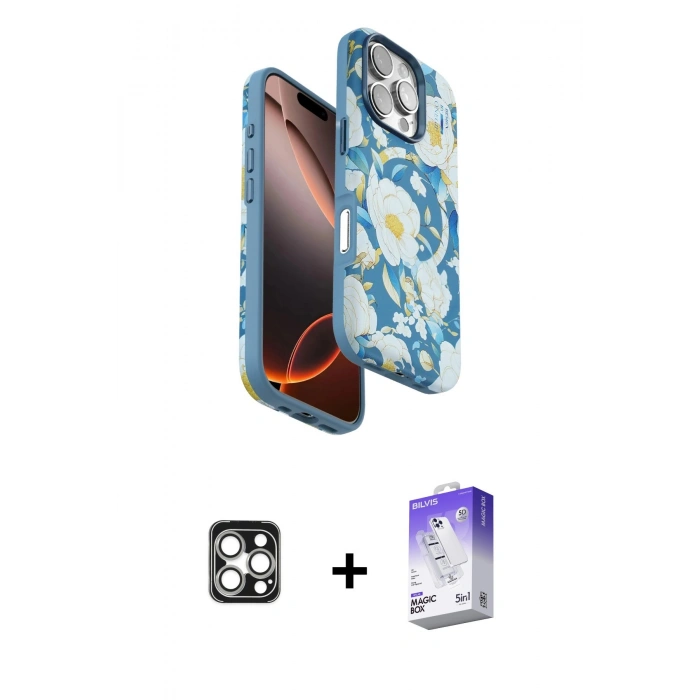 MARSİLYAN™- iPhone 16 Pro Max Kılıf Siluet Doku - Siyah Bilvis 5in1 3D Magic Cam Ekran Koruyucu + PVD Metal Kamera Lens - GS