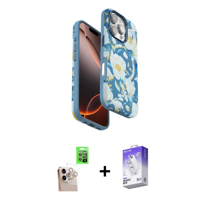 MARSİLYAN™- iPhone 16 Pro Max Kılıf Siluet Doku - Siyah Bilvis 5in1 3D Magic Cam Ekran Koruyucu + Raze Metal Kamera Lens - NLGY
