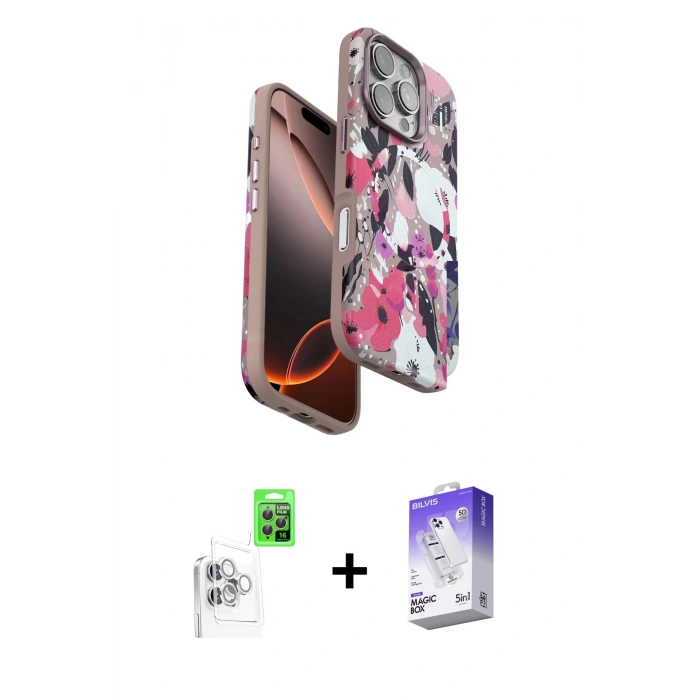 MARSİLYAN™- iPhone 16 Pro Max Kılıf Siluet Doku - Siyah Bilvis 5in1 3D Magic Cam Ekran Koruyucu + Raze Metal Kamera Lens - BZ