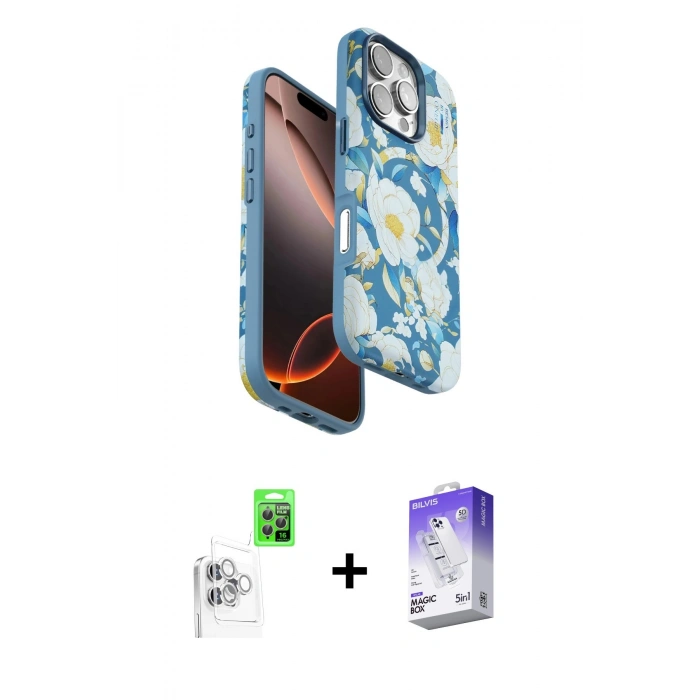 MARSİLYAN™- iPhone 16 Pro Max Kılıf Siluet Doku - Siyah Bilvis 5in1 3D Magic Cam Ekran Koruyucu + Raze Metal Kamera Lens - BZ