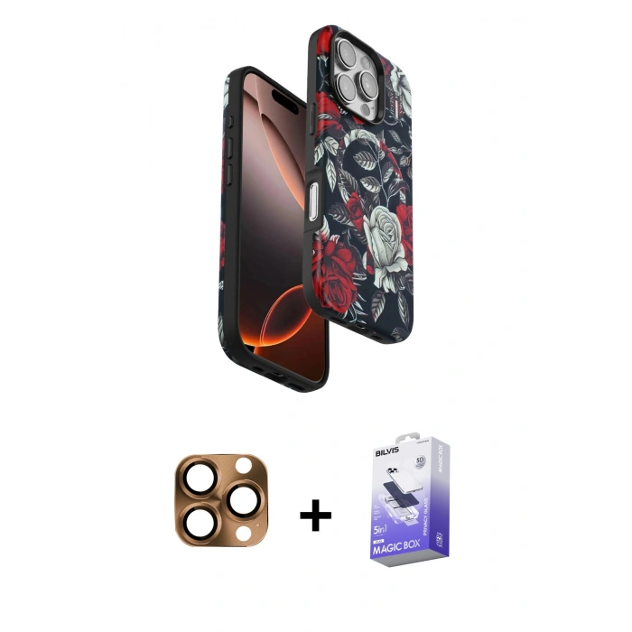 MARSİLYAN™- iPhone 16 Pro Max Kılıf Siluet Doku - Siyah Bilvis 5in1 5D Magic Hayalet Cam Ekran Koruyucu + Çöl Titanyum Pers Alüminyum Kamera Lens