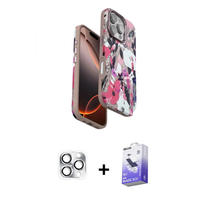 MARSİLYAN™- iPhone 16 Pro Max Kılıf Siluet Doku - Siyah Bilvis 5in1 5D Magic Hayalet Cam Ekran Koruyucu + Pers Alüminyum Kamera Lens - GS