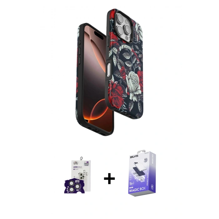 MARSİLYAN™- iPhone 16 Pro Max Kılıf Siluet Doku - Siyah Bilvis 5in1 5D Magic Hayalet Cam Ekran Koruyucu + Bilvis Titan Kamera Lens - TMGI