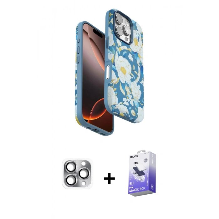 MARSİLYAN™- iPhone 16 Pro Max Kılıf Siluet Doku - Siyah Bilvis 5in1 5D Magic Hayalet Cam Ekran Koruyucu + Pers Alüminyum Kamera Lens - GI