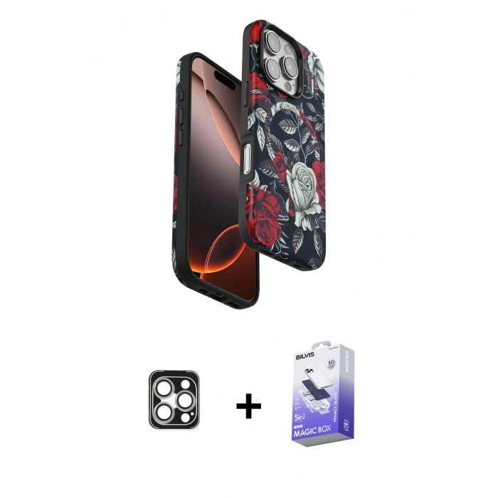 MARSİLYAN™- iPhone 16 Pro Max Kılıf Siluet Doku - Siyah Bilvis 5in1 5D Magic Hayalet Cam Ekran Koruyucu + PVD Metal Kamera Lens - GS