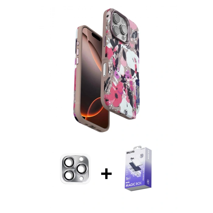 MARSİLYAN™- iPhone 16 Pro Max Kılıf Siluet Doku - Siyah Bilvis 5in1 5D Magic Hayalet Cam Ekran Koruyucu + Pers Alüminyum Kamera Lens - GI