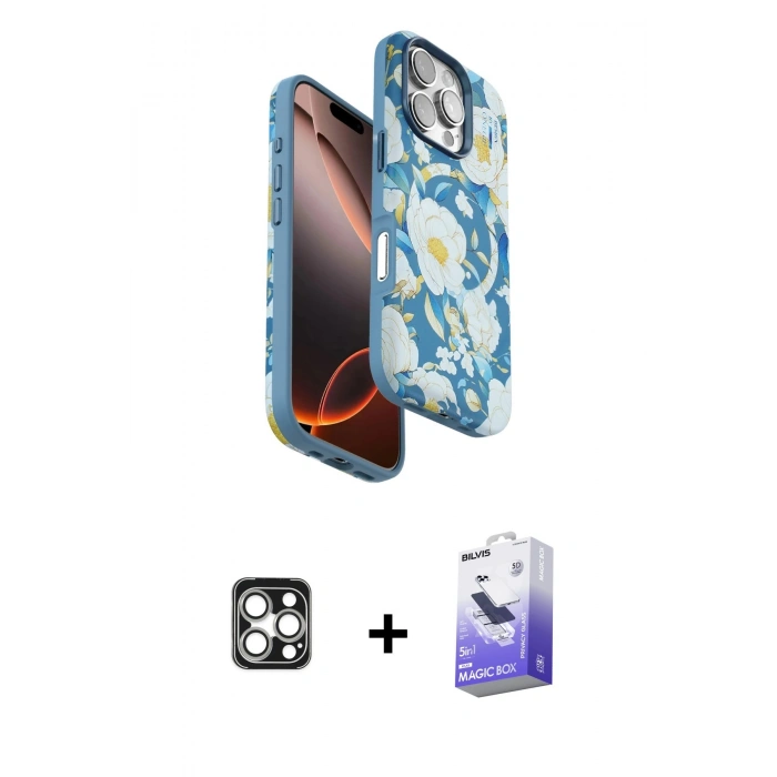 MARSİLYAN™- iPhone 16 Pro Max Kılıf Siluet Doku - Siyah Bilvis 5in1 5D Magic Hayalet Cam Ekran Koruyucu + PVD Metal Kamera Lens - GS